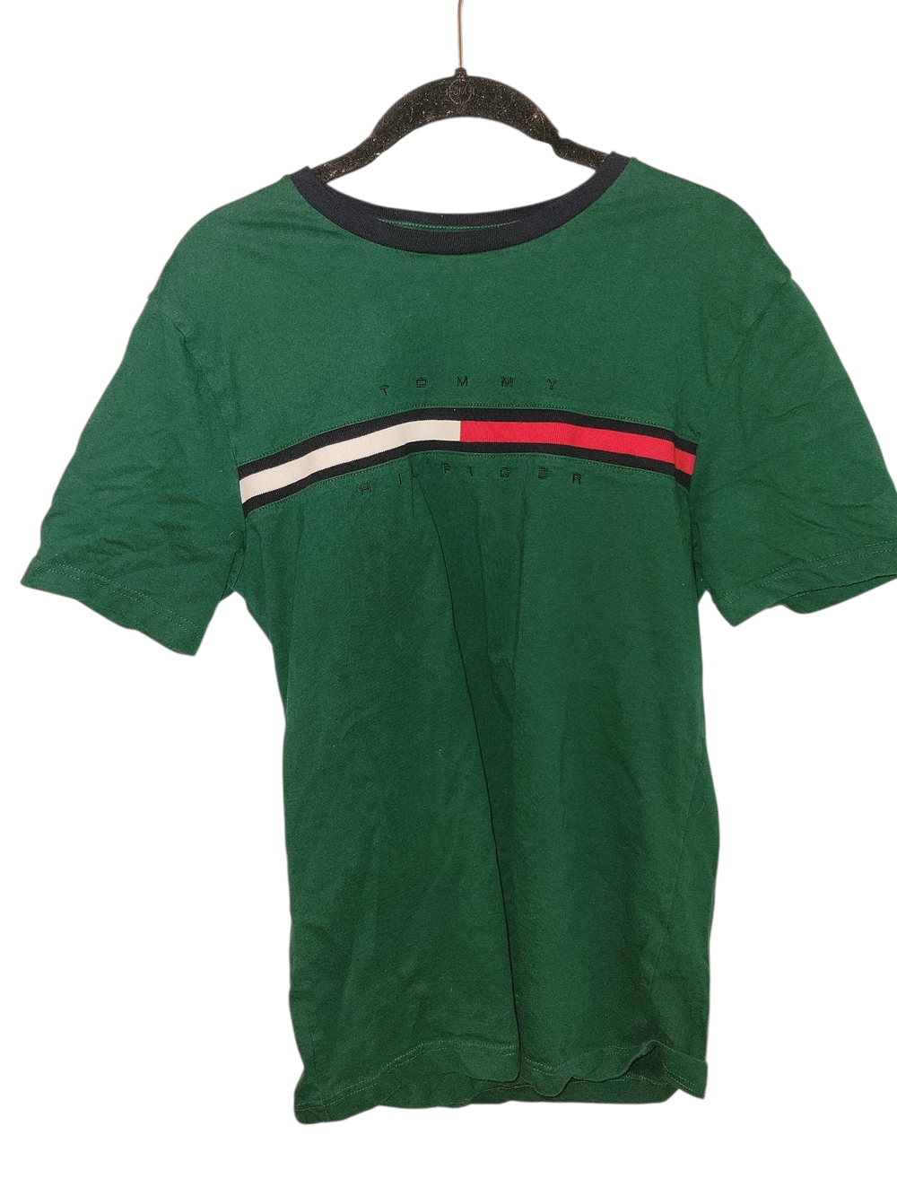 Tommy Hilfiger Green Short-Sleeve Tee with Red, White & Navy Stripe SZ L
